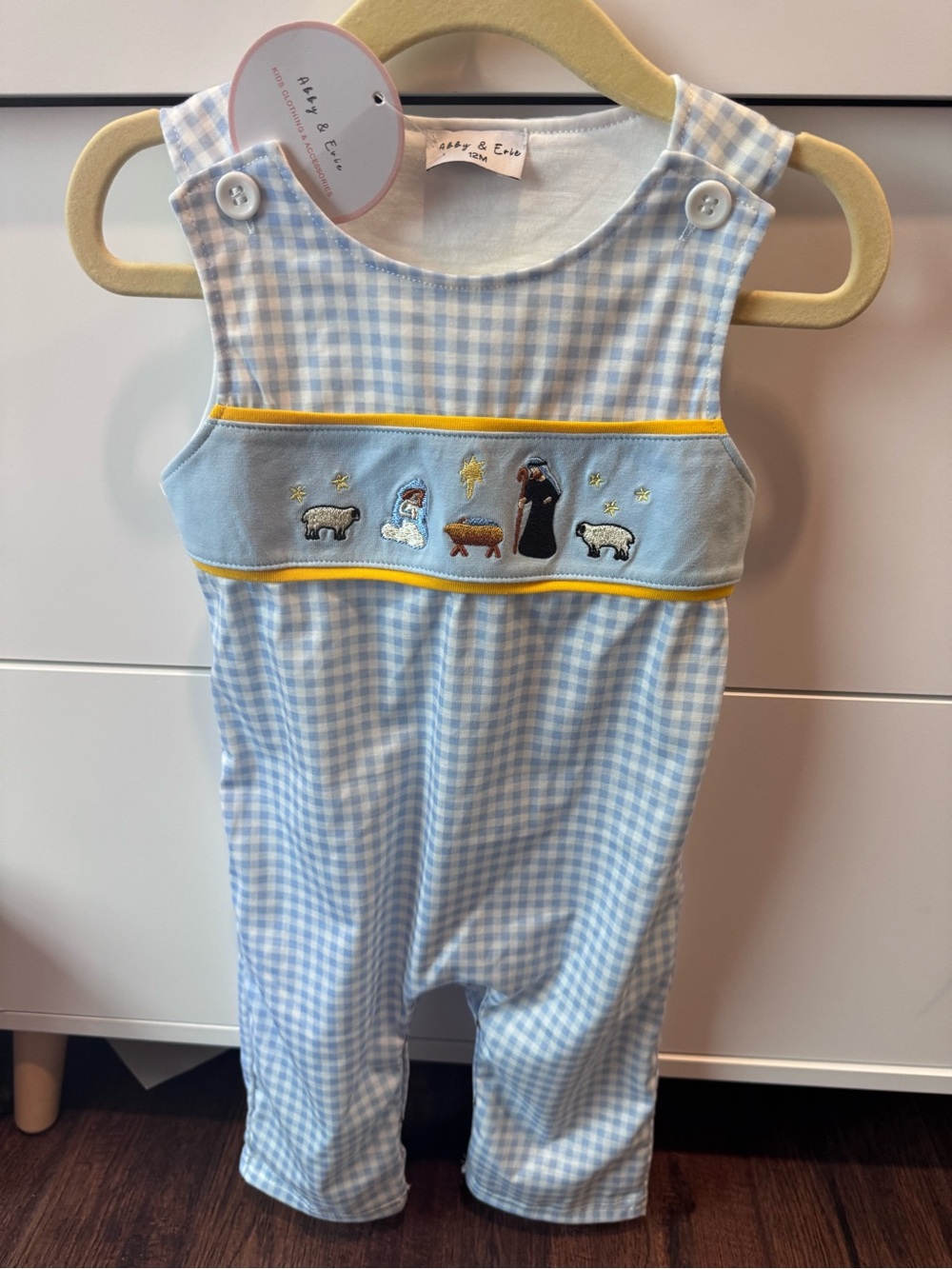Blue Gingham Baby Romper with Nativity Embroidery